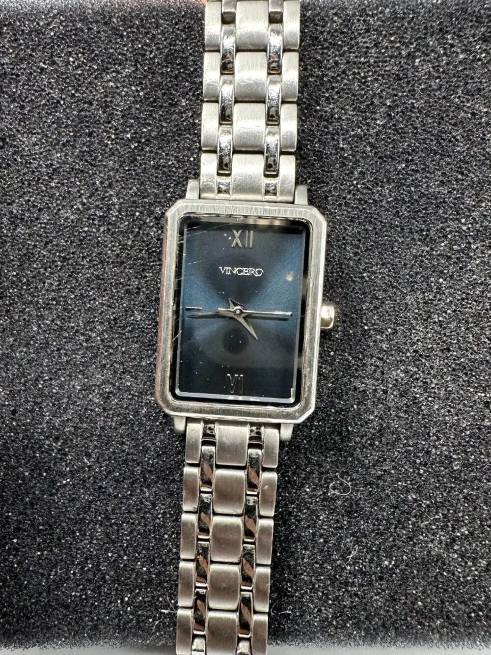 Vincero Ava Watch Women Silver Tone Blue Rectangle Dial New Battery 7.75